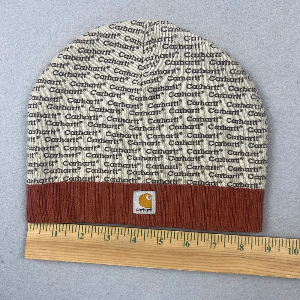 Carhartt Beanie Hat AOP Cream Orange Logo Knit Winter Streetwear RARE Collectors - Picture 7 of 12